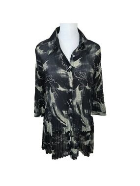 Lindi Black & White Abstract Accordion Pleat Tunic Semi Sheer Top Women's Size S